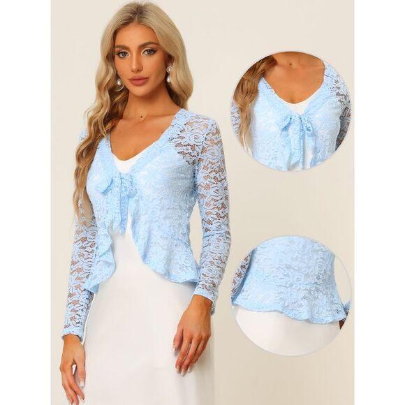 Floral Lace Shrug Tie Front Ruffled Hem Sheer Crop Bolero Cardigan Light Blue - Picture 2 of 6